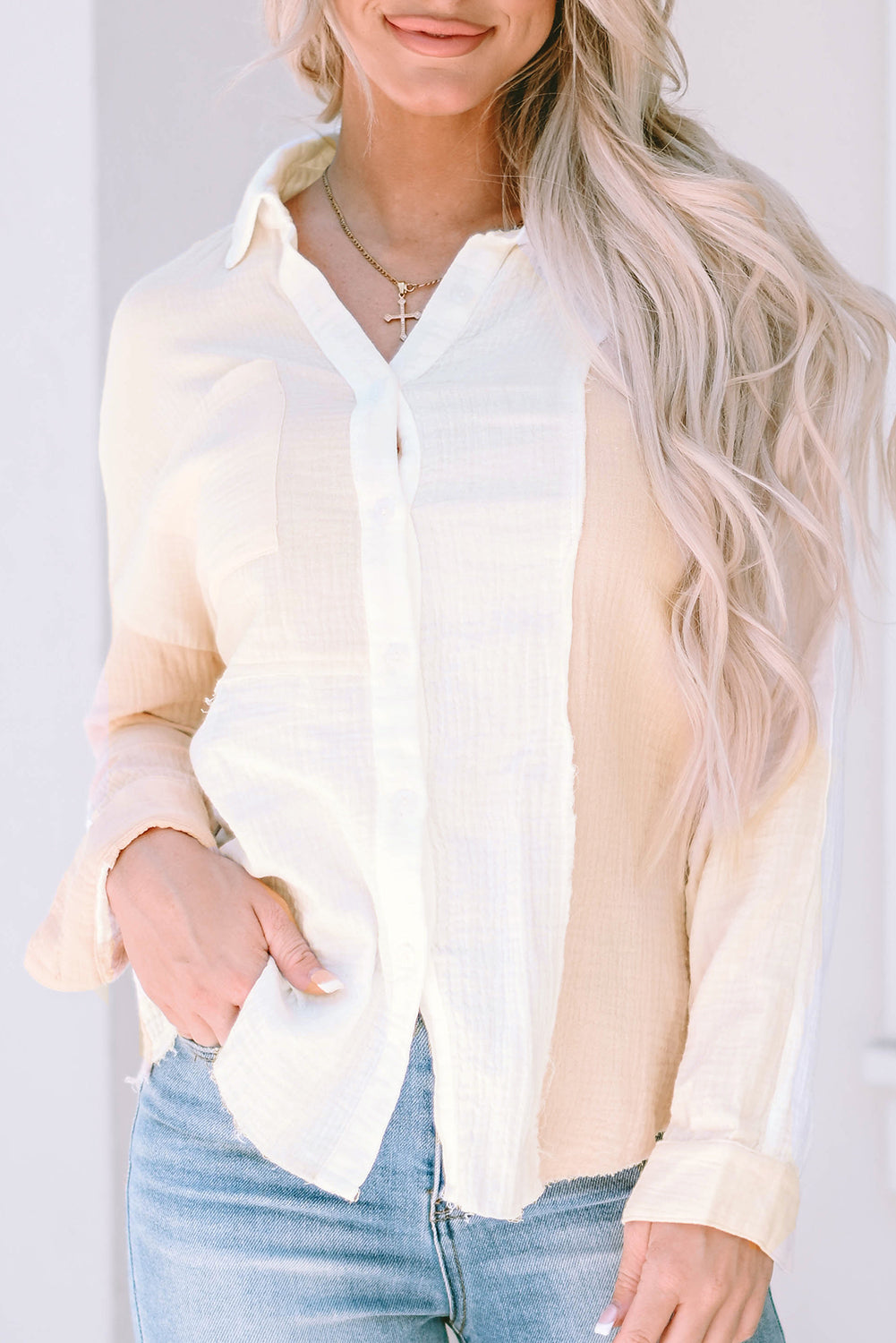 Khaki Color Block Buttoned Raw Hem Textured Shirt