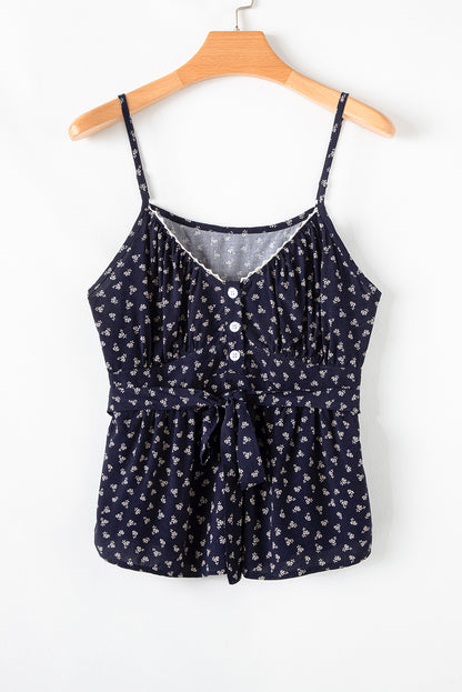 Blue Floral Print Spaghetti Strap Buttoned V Neck Tank Top