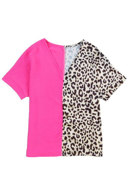 Rose Contrast Leopard Color Block Blouse