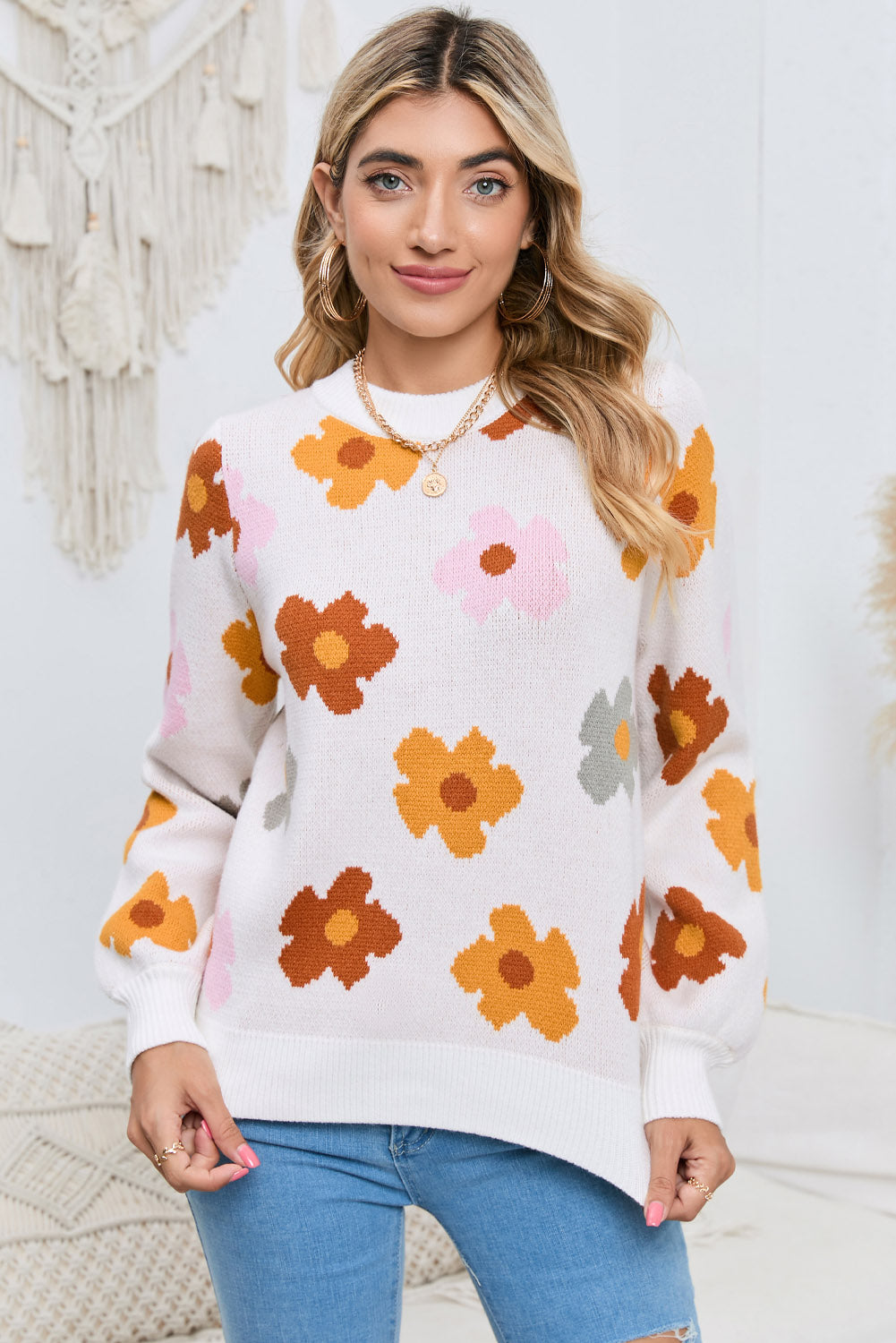 White Sweet Flower Knitted Ribbed Hem Sweater