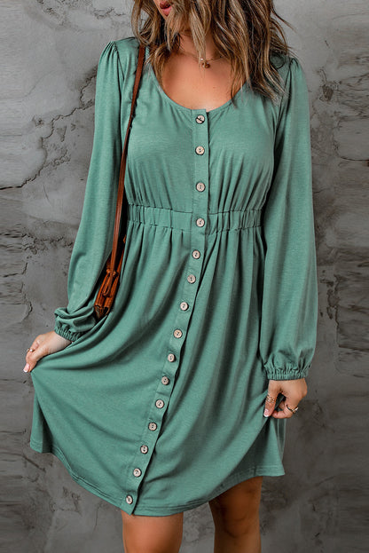 Green Button Up High Waist Long Sleeve Dress