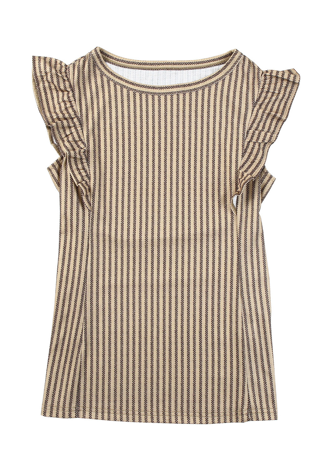 Khaki Striped Crew Neck Ruffled Tank Top