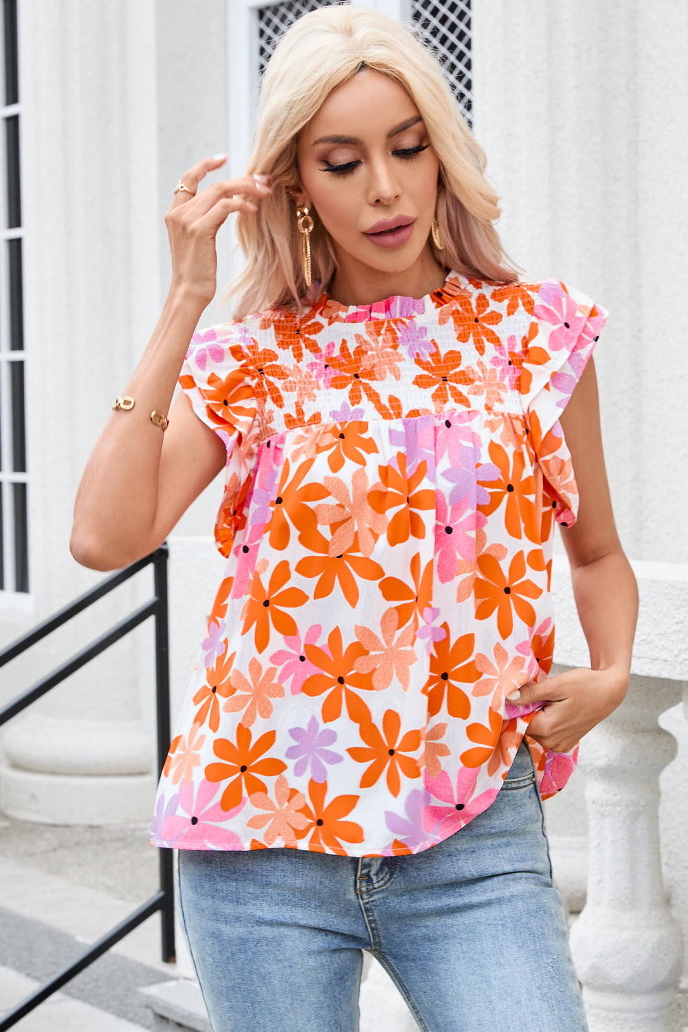 Orange Ruffled Sleeve Smocked Floral Top