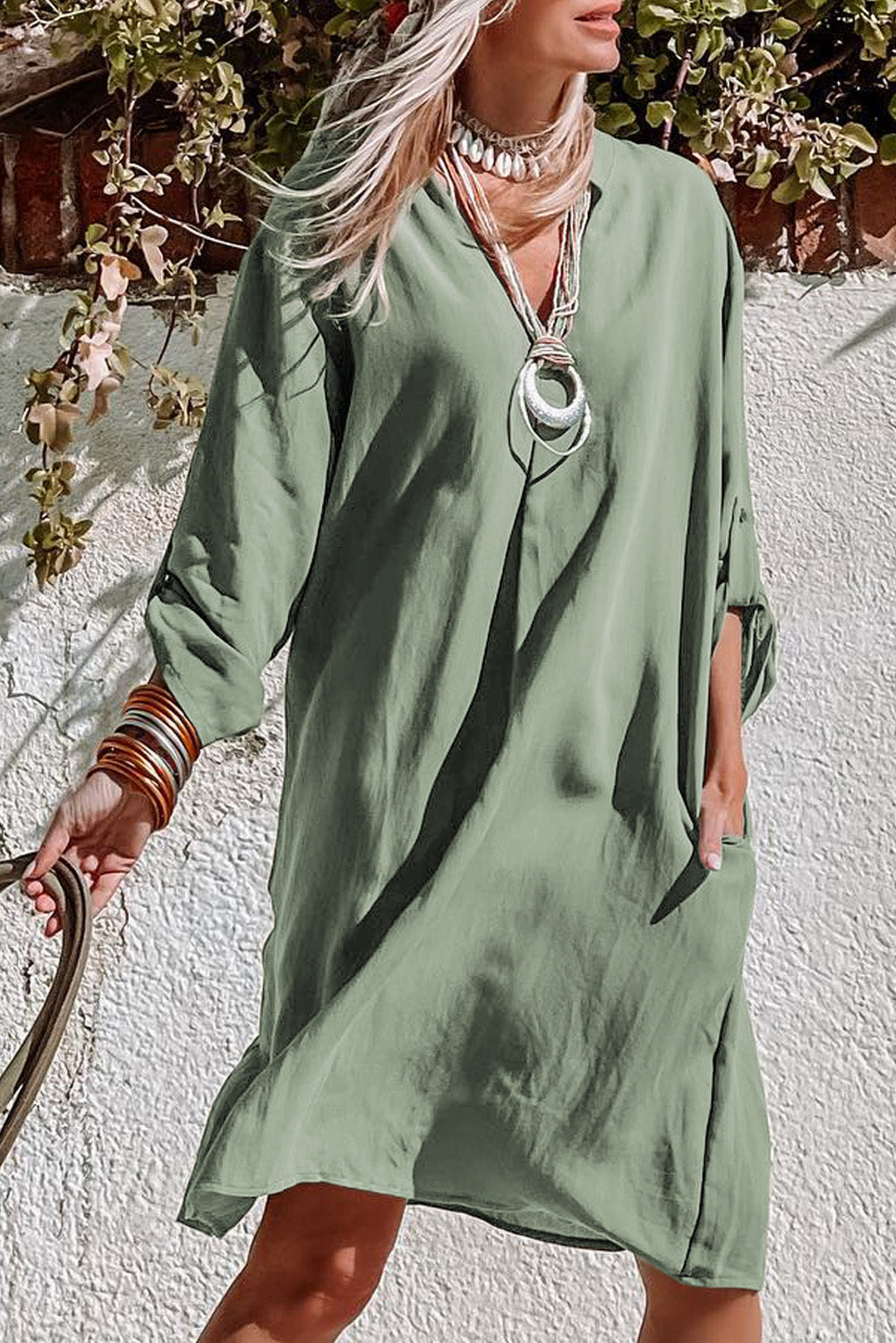 Green Roll-tab Sleeve Flowy Casual Dress