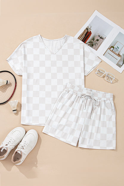 Beige Checkered V Neck Tee Drawstring Shorts Lounge Set