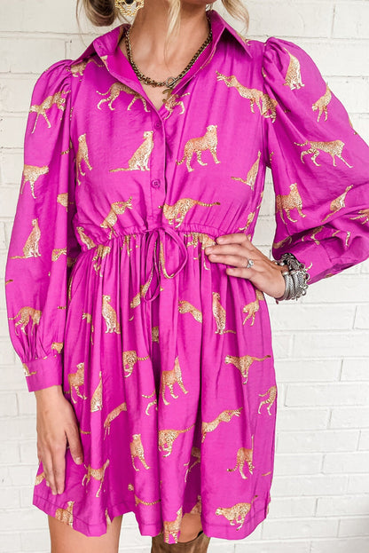 Rose Cheetah Print Drawstring Tunic Shirt Dress