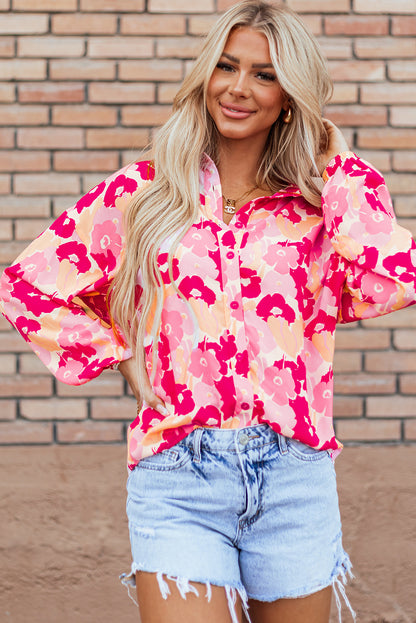 Pink Blooming Floral Print Puff Sleeve Buttoned Shirt