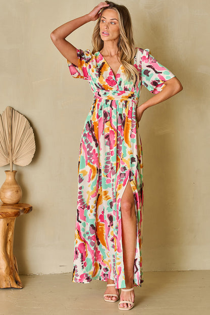 Pink Boho Tie-dye Print V Neck Maxi Dress