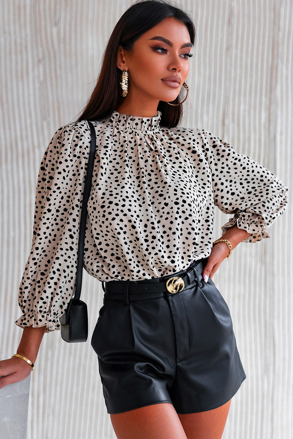 Khaki Frilled Neck 3/4 Sleeves Cheetah Blouse