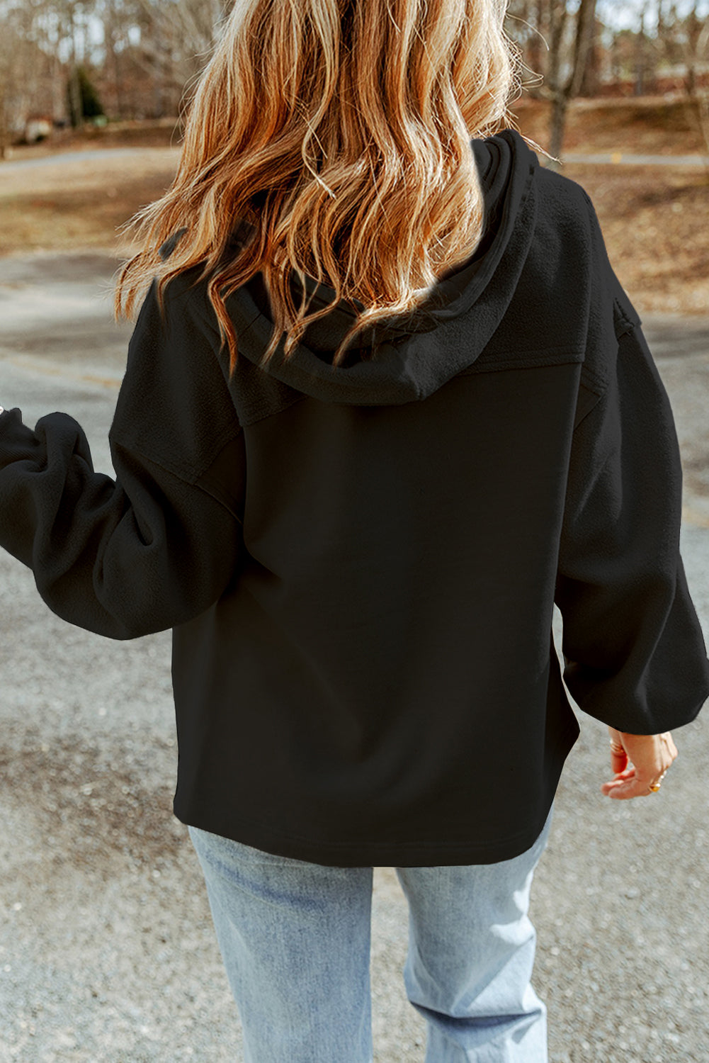 Black Flap Pocket Drawstring Hood Zip Up Jacket