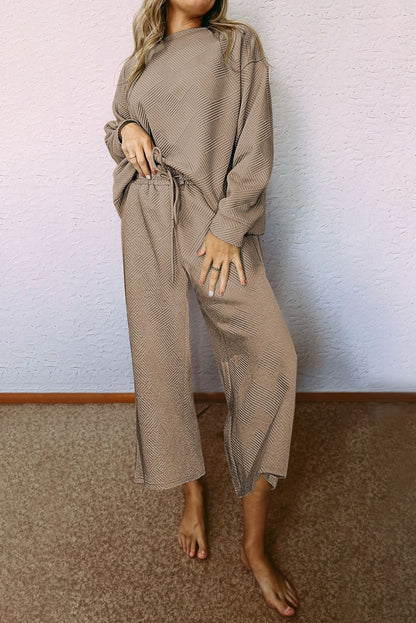 Dark Khaki Textured Loose Slouchy Long Sleeve Top and Pants Set