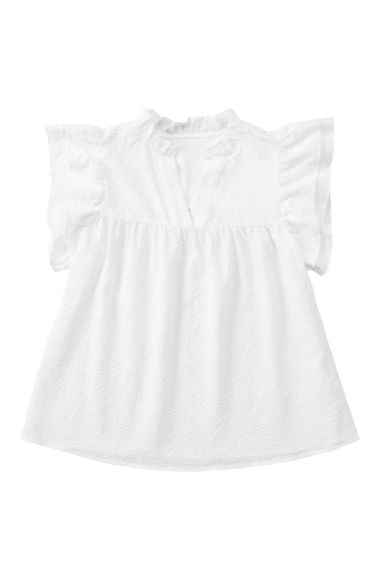 White Ruffle Accent Flutter Sleeve Notch Neck Top