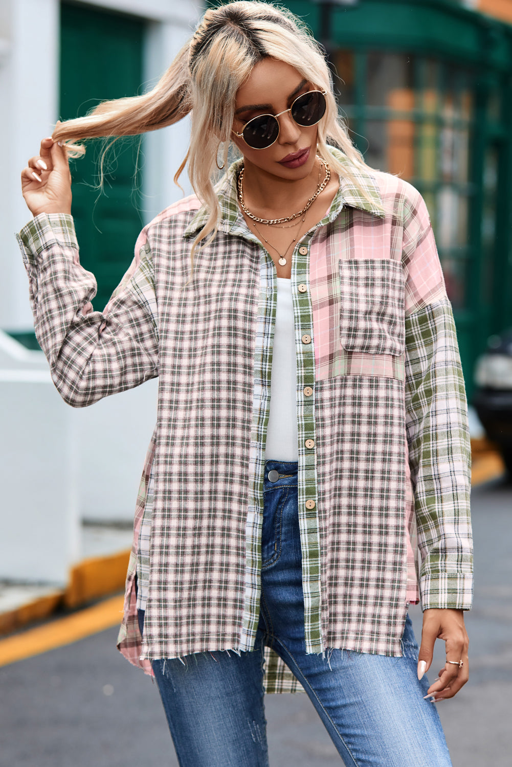 Multicolor Plaid Patchwork High Low Oversized Shirt