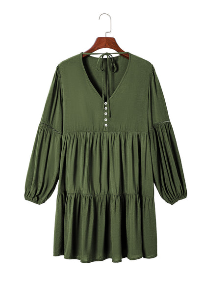 Green Lace Puff Sleeve Buttoned Tiered Ruffled Mini Dress