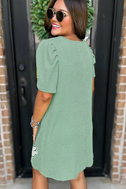 Mint Green Sequin Clover Graphic Puff Sleeve Corded T Shirt Dress