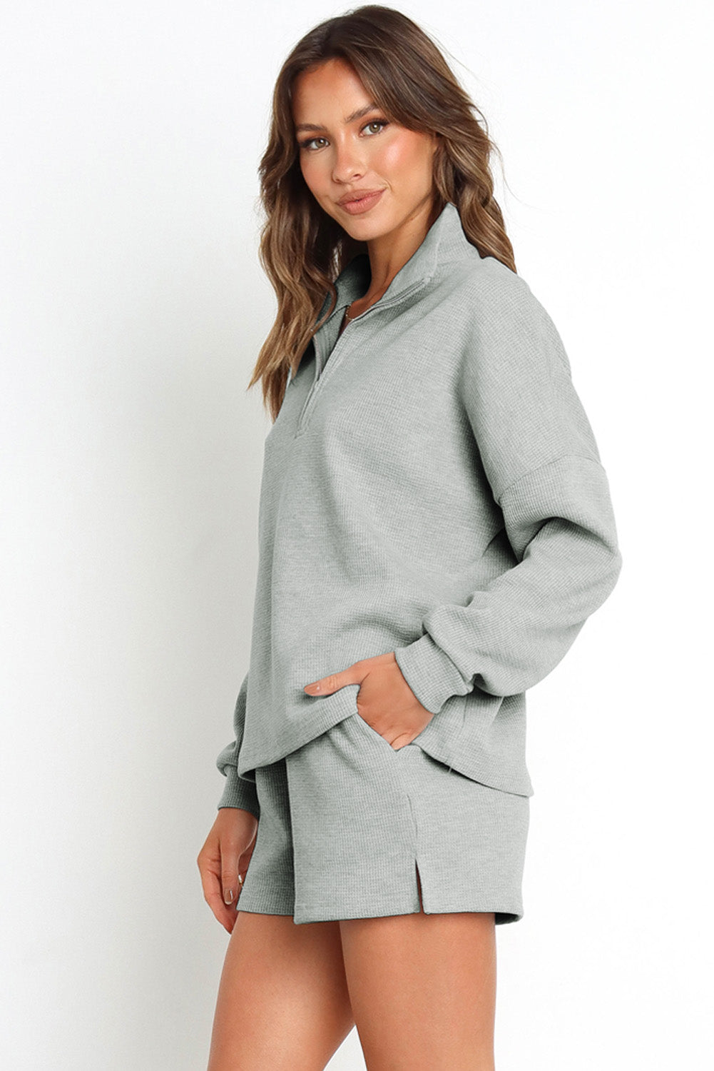 Gray Ribbed Zipper Sweatshirt & High Waist Shorts Set