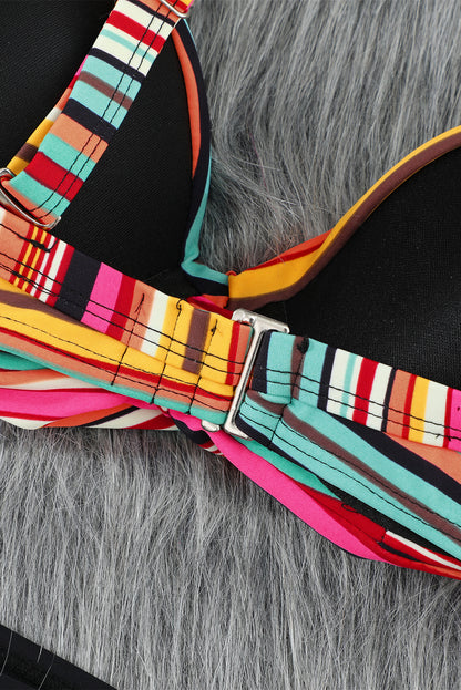 Sky Blue & Stripe Print Sexy Twisted Bikini Set