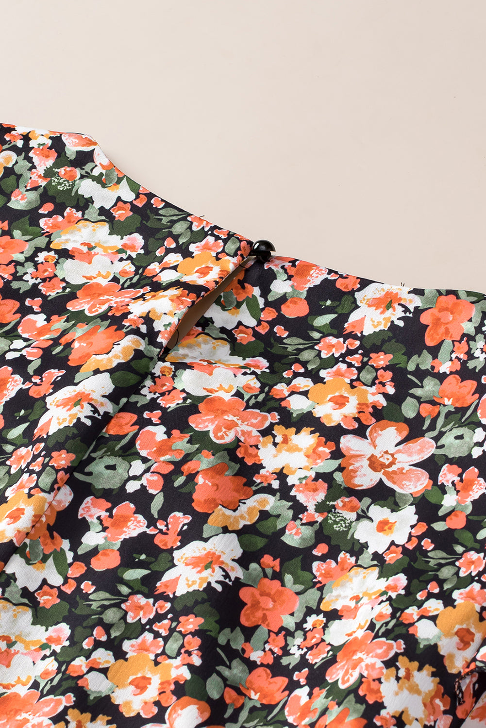 Orange Ruffle Trim Shirred Cuffs Floral Blouse