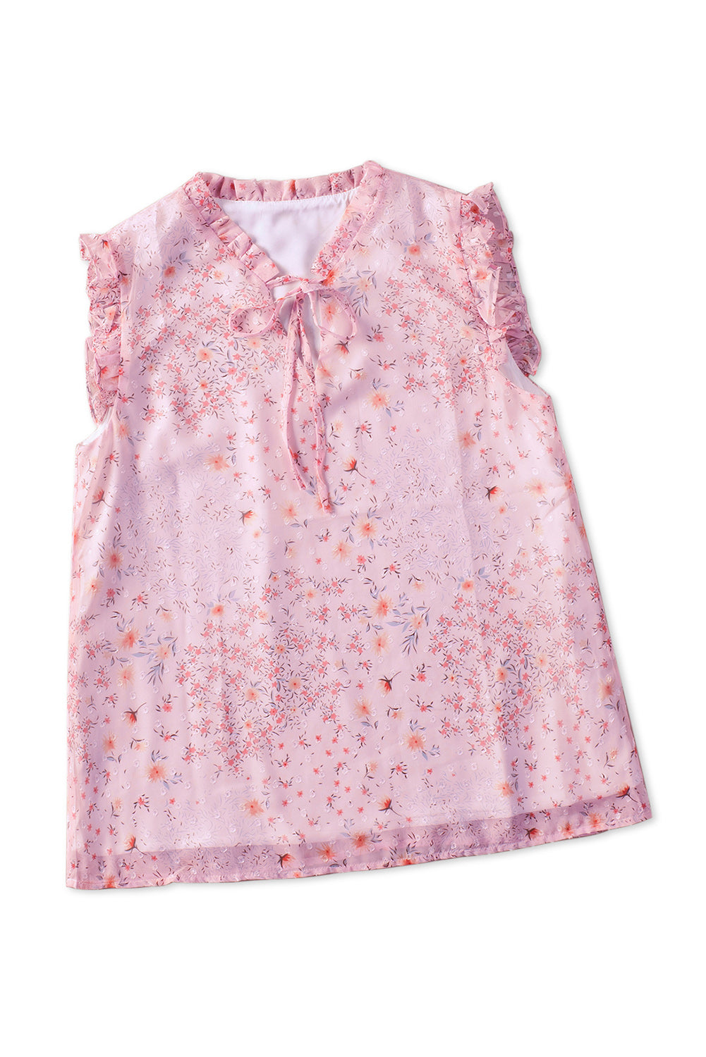 Pink Floral Print Drawstring Frill Trim Sleeveless Top