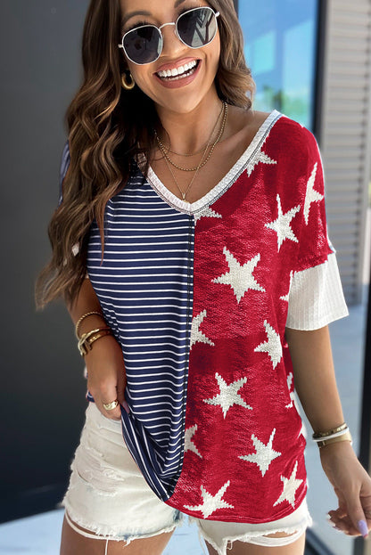 Blue Stripes Stars Print Knit Short Sleeves Top