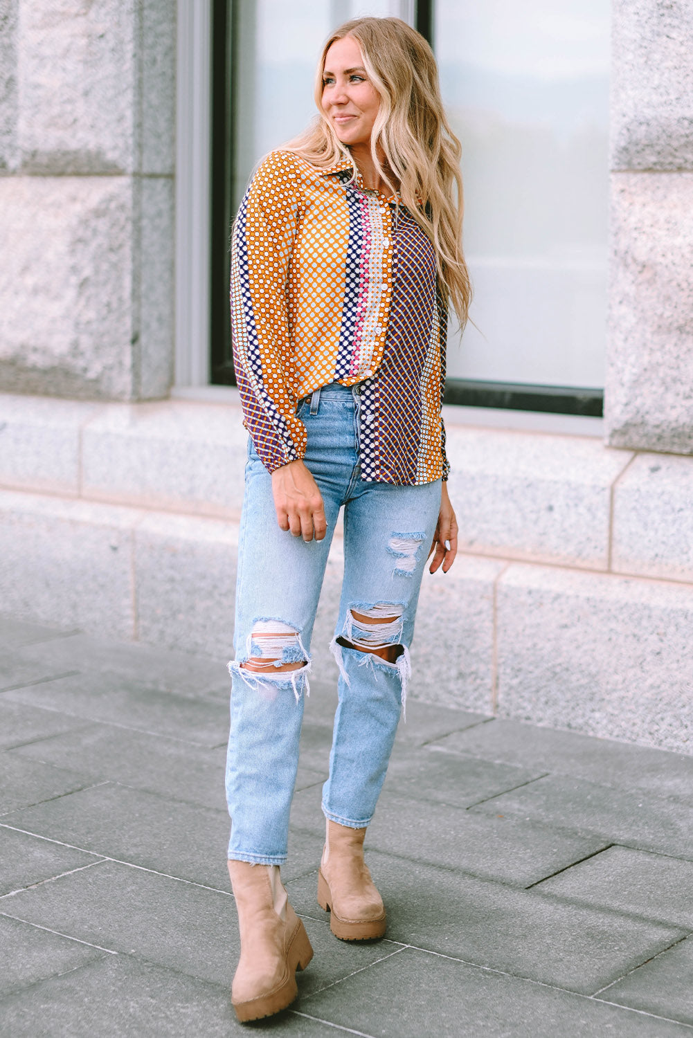 Brown Dot Print Long Sleeve Button Down Shift Shirt