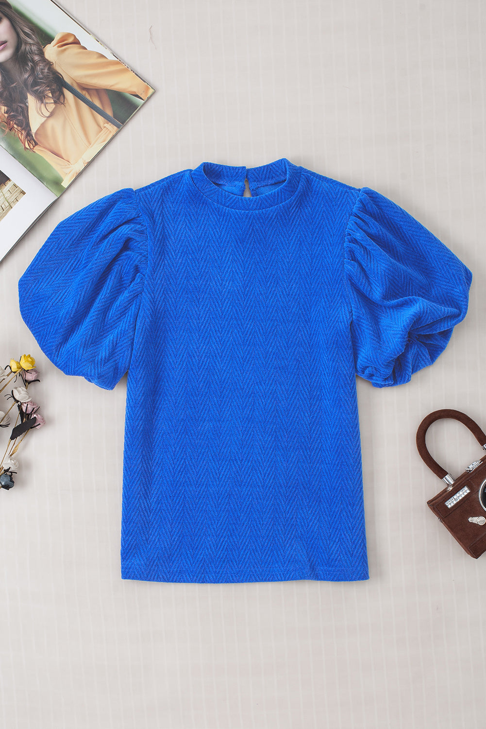 Sky Blue Solid Textured Puff Sleeve Mock Neck Blouse