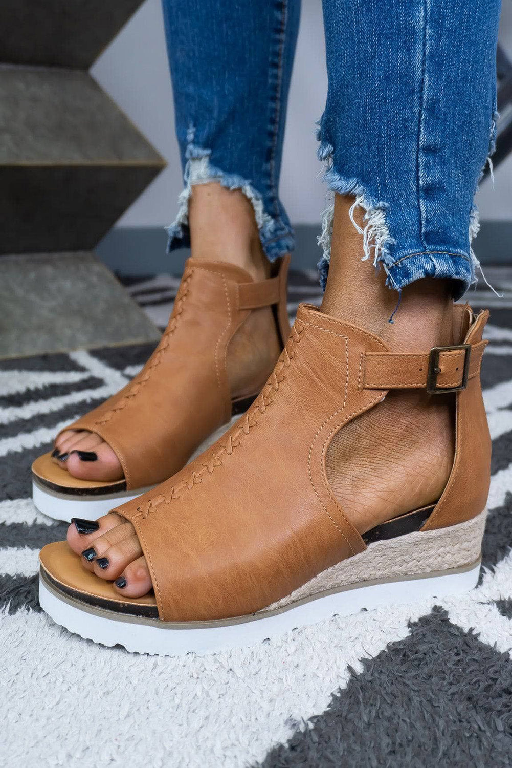 Brown PU Cutout Buckle Strap Platform Sandals