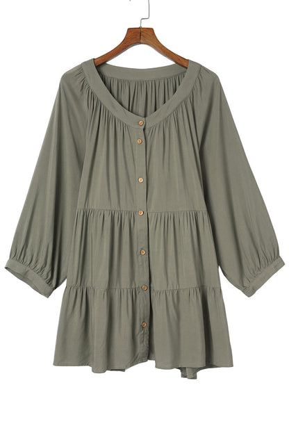 Green Plus Size Ruffle Tiered Split Neck Shirt