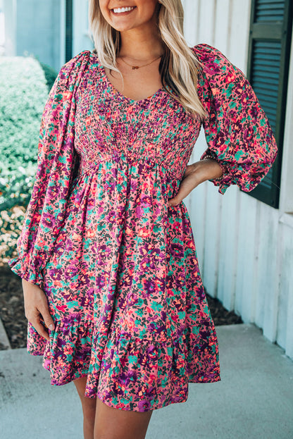 Purple Smocked V Neck Puffy Sleeve Floral Dress