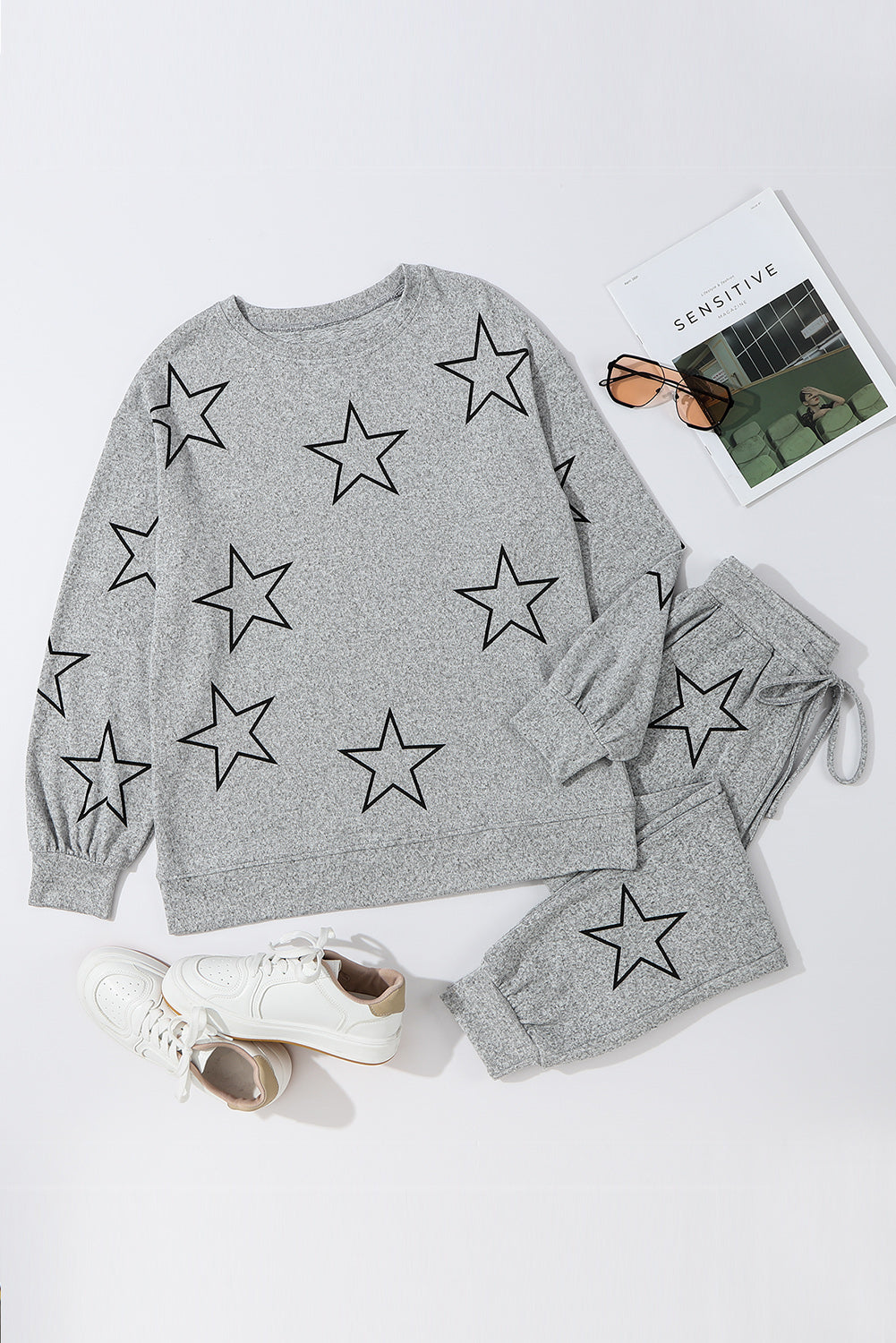 Gray Stars Print Long Sleeve Drawstring High Waist Lounge Set