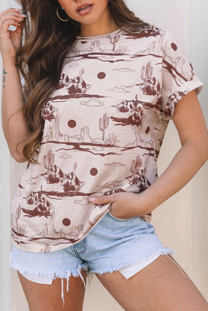 Brown Desert Sand Print Short Sleeve Knit Top