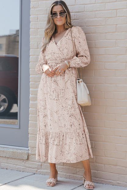 Leopard Surplice Neck Bubble Sleeve Maxi Dress with Sash