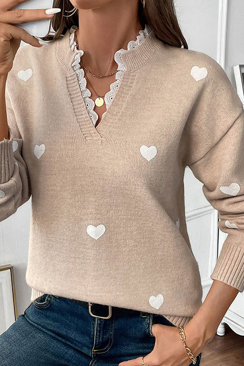 Smoke Gray Heart Print Lace Splicing V Neck Valentines Sweater