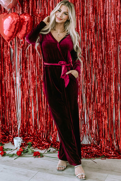 Fiery Red Velvet Pocketed Cut out Back Wide Leg Jumpsuit