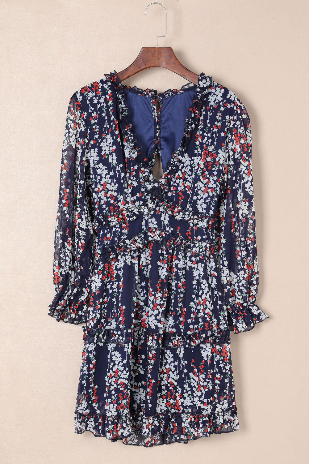 Blue Ruffle Detailing Open Back Floral Dress