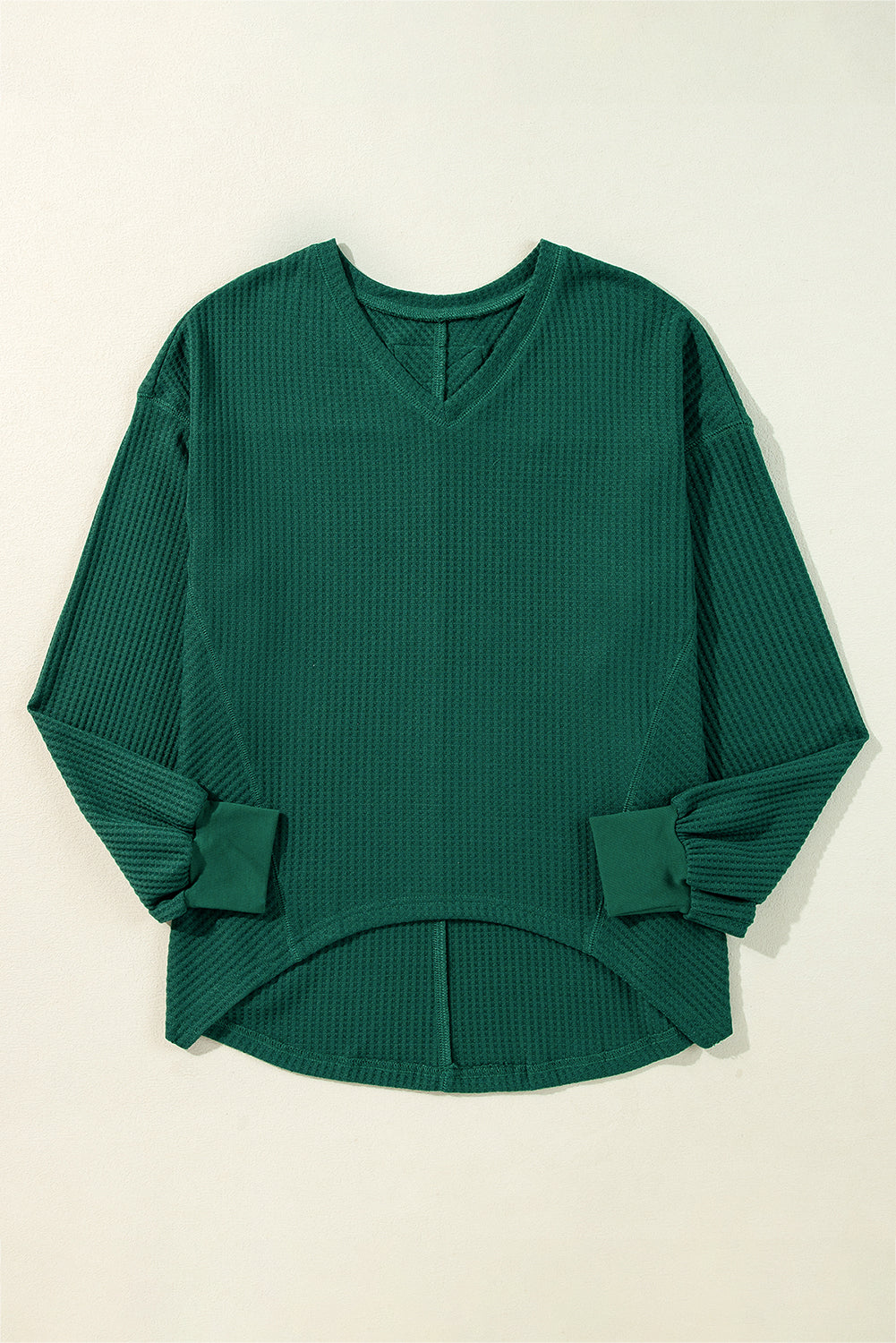 Blackish Green Waffle V Neck Long Sleeve Drop Shoulder Loose Blouse