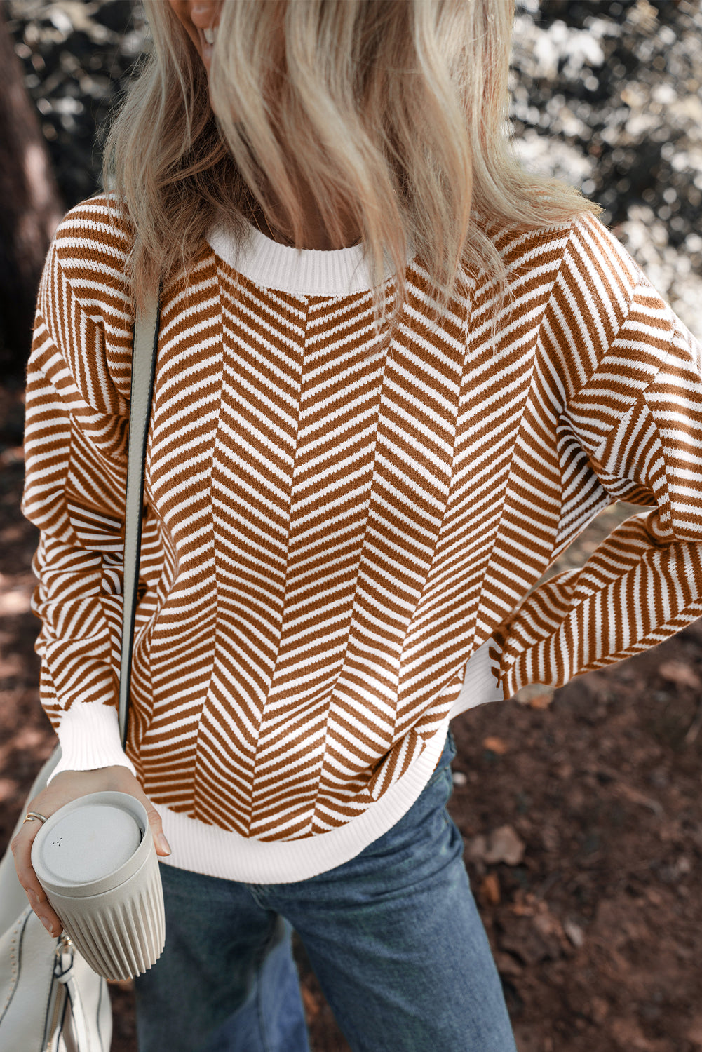 Coffee Contrast Edge Crew Neck Drop Shoulder Sweater