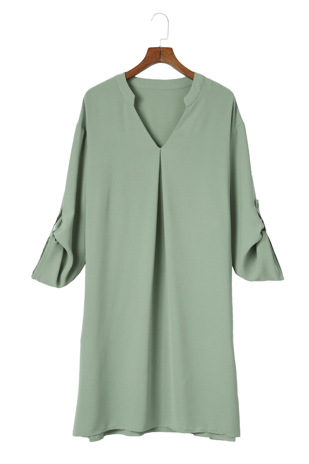 Green Roll-tab Sleeve Flowy Casual Dress