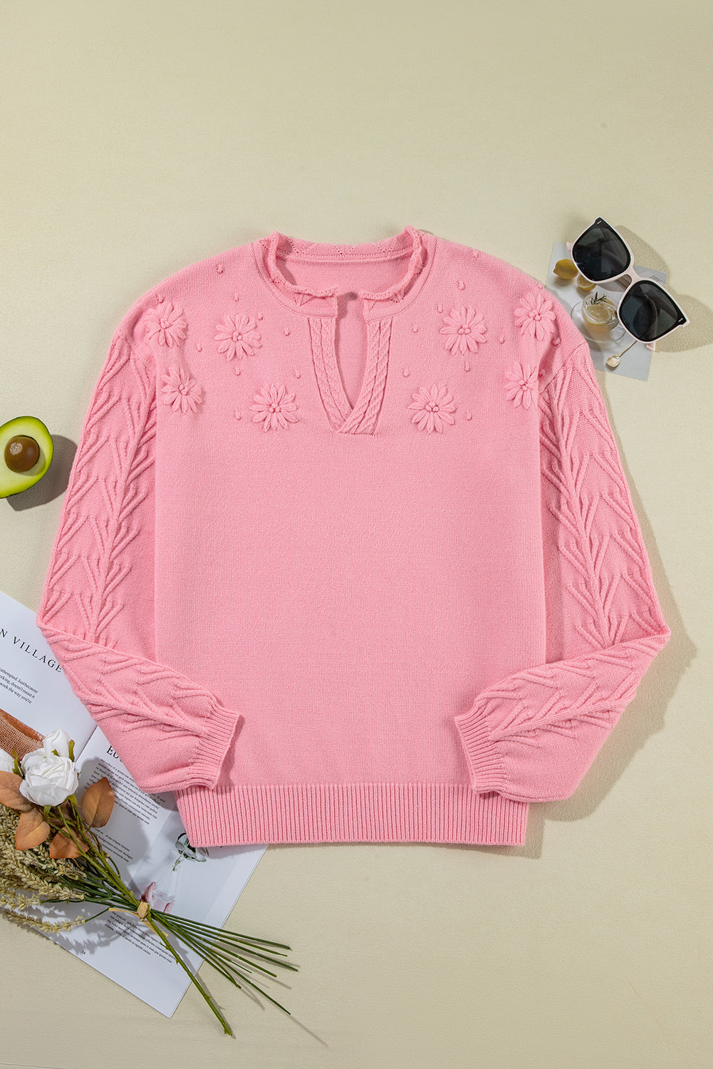 Peach Blossom Flower Detail Knitted Notched Neck Sweater