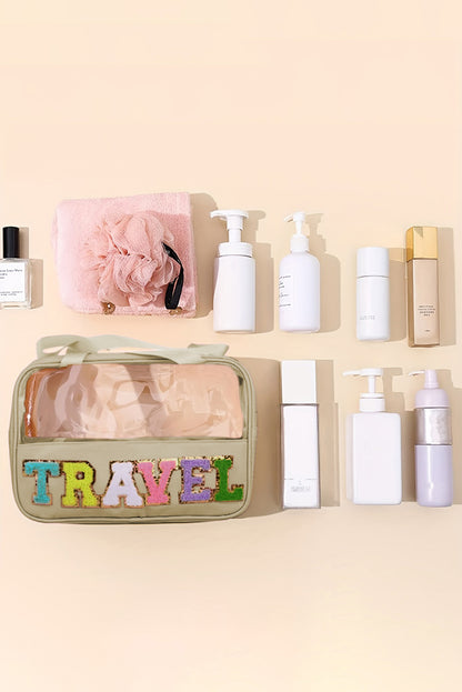 Light Pink TRAVEL Chenille Letter Clear PVC Makeup Bag