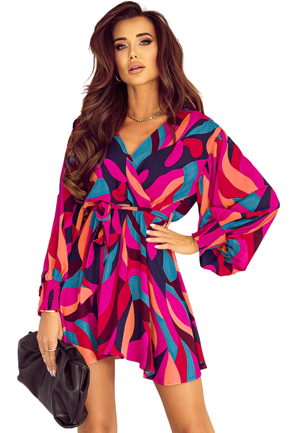 Fiery Red Abstract Printed Belted Puff Sleeve Mini Dress