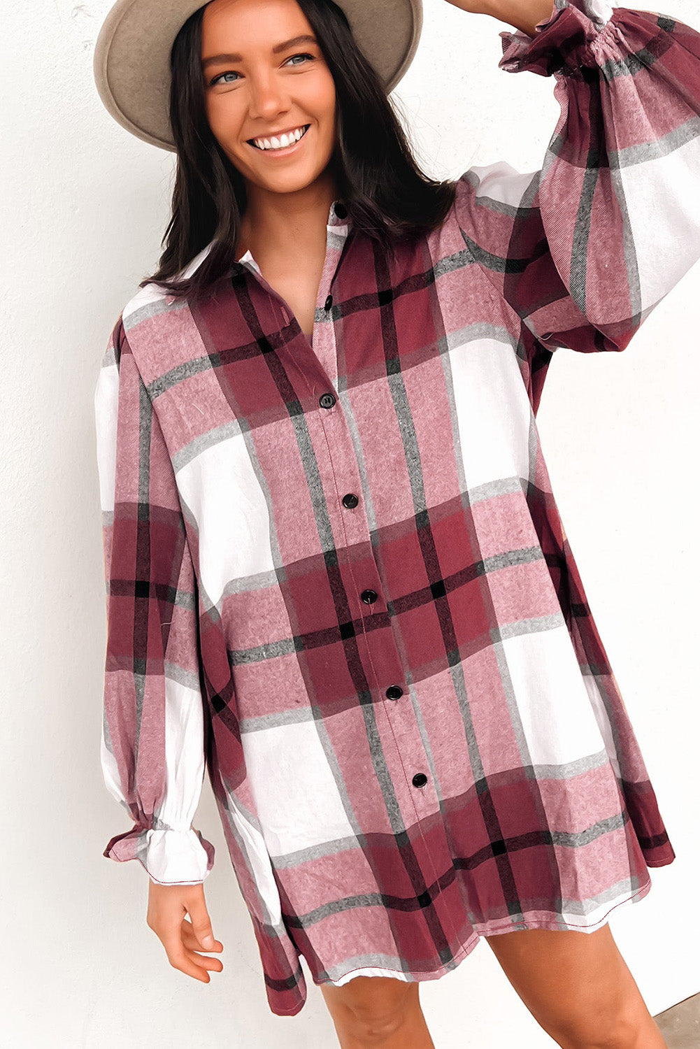 Brown Plaid Collared Ruffle Sleeve Button Up Shirt Dress