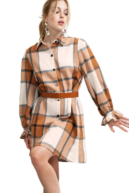 Brown Plaid Collared Ruffle Sleeve Button Up Shirt Dress