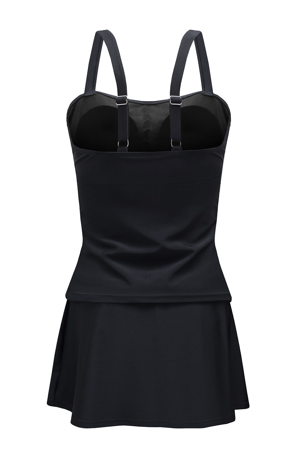 Black Solid Square Neck Sleeveless Tankini Swimsuit