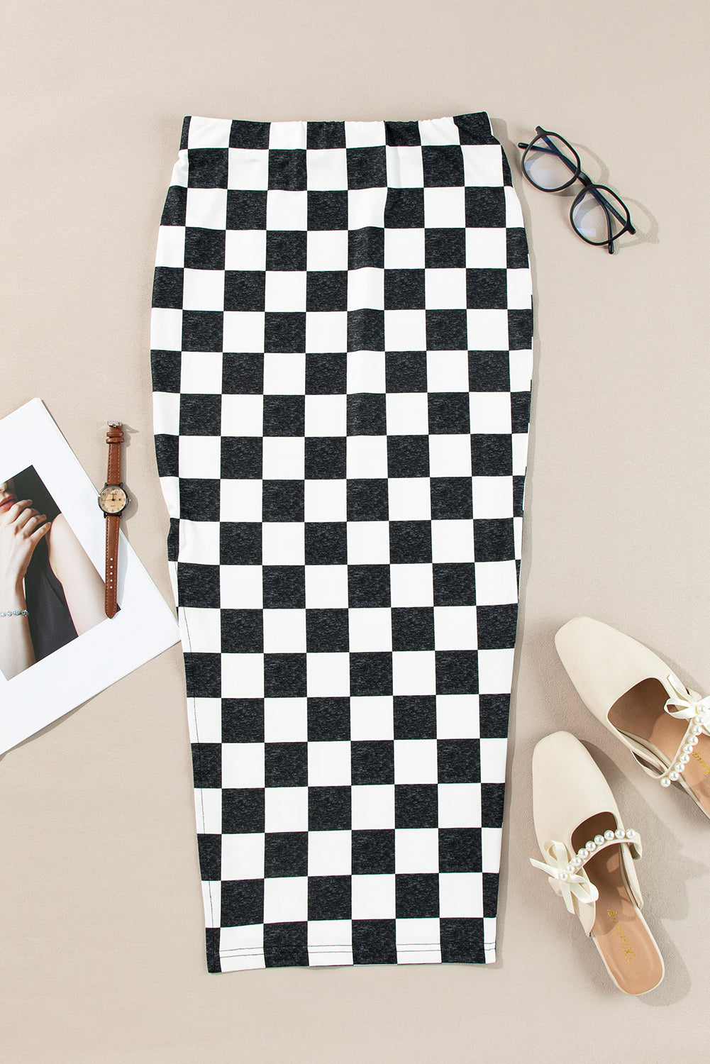 White Checkered Print Side Slit High Waist Midi Skirt