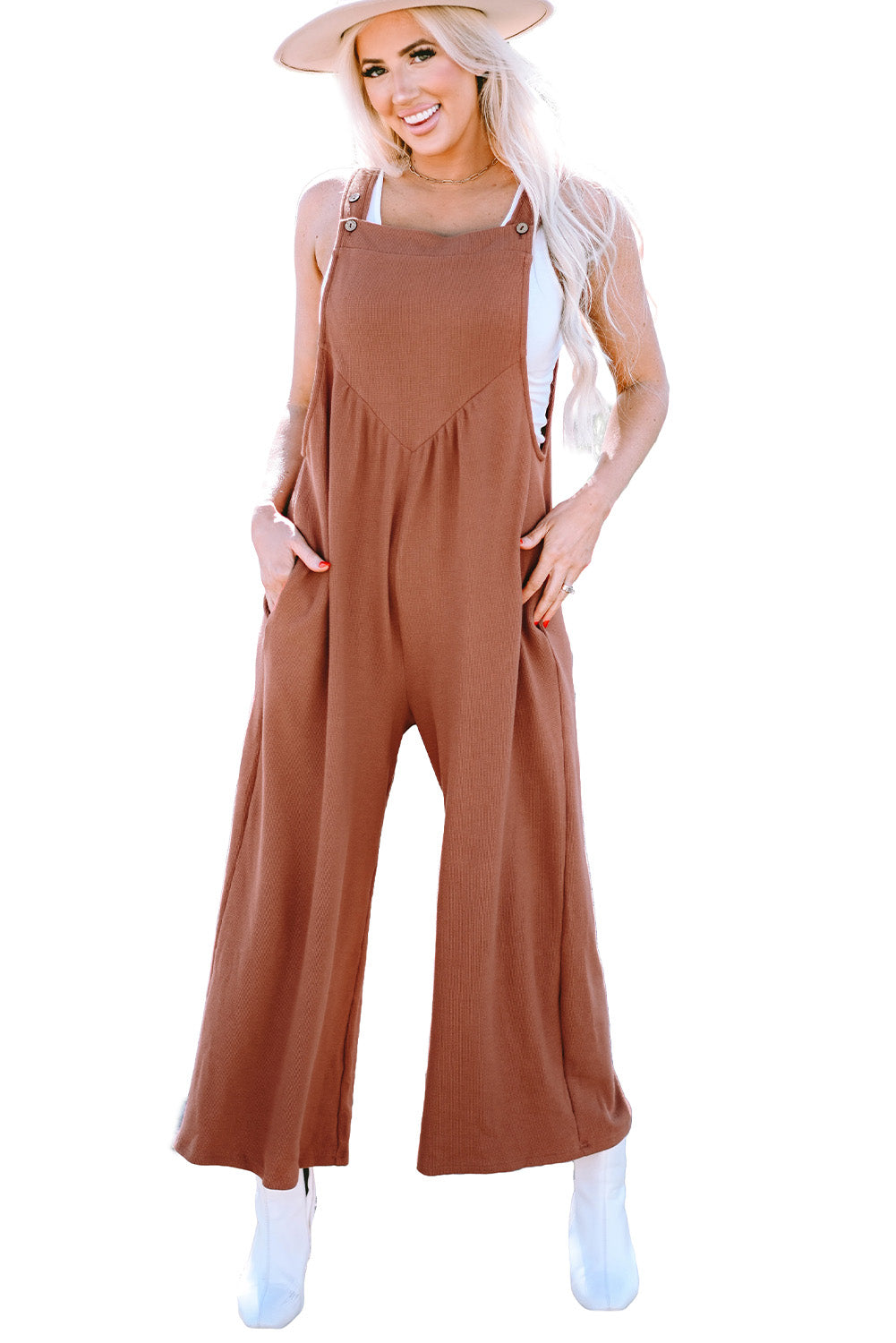 Gold Flame Textured Buttoned Straps Ruched Wide Leg Jumpsuit