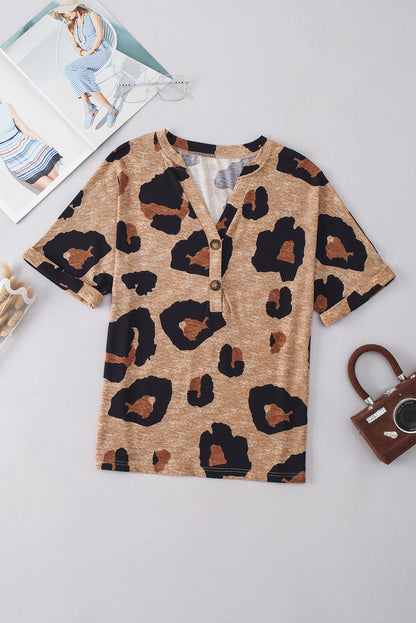 Light French Beige Leopard Folded Short Sleeve Buttoned V Neck T Shirt