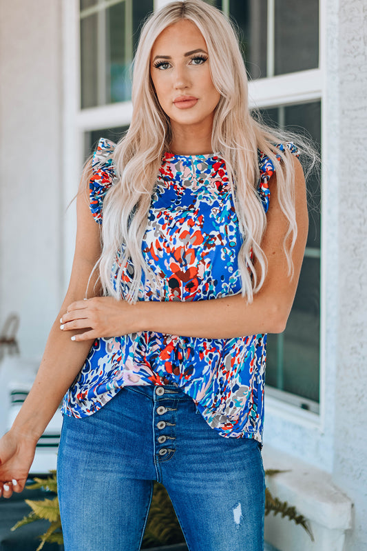 Blue Floral Print Tank Top with Ruffles