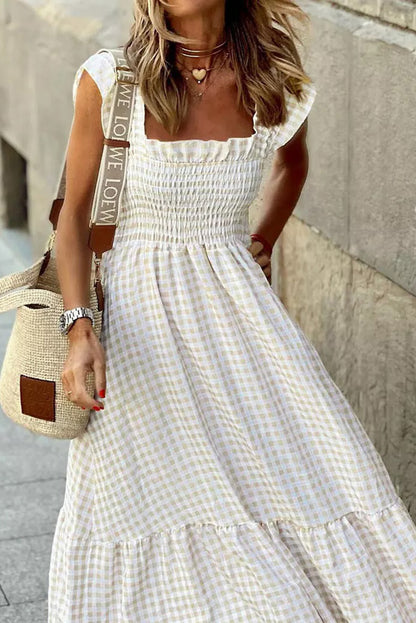 Khaki Plaid Ruffled Sleeve Smocked Maxi Dress