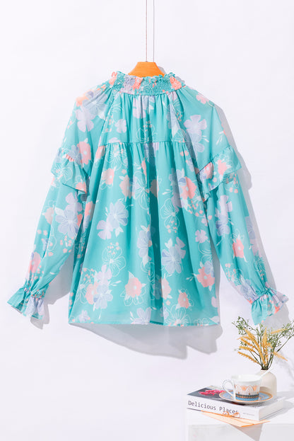 Sky Blue Floral Split Neck Ruffled Puff Sleeve Blouse